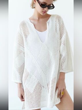 Zara Women's White Open-Knit V-Neck Cover Up